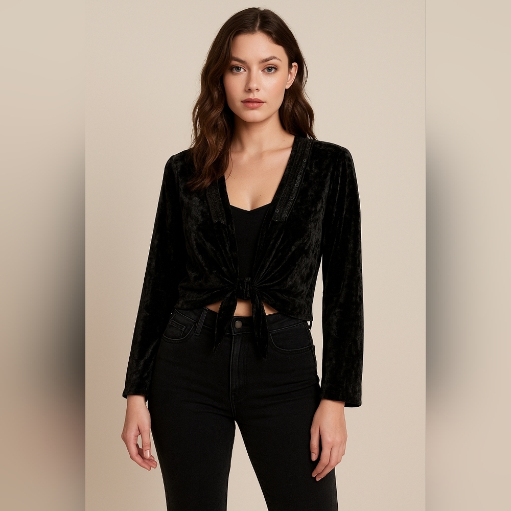 MXM Black Crushed Velvet Bolero Shrug with Sequin TrimTie Front One Size